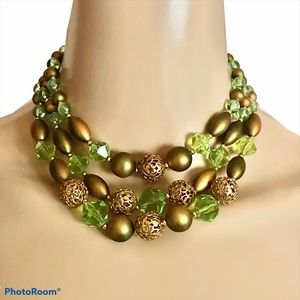 Vintage Deauville green and gold layered bead necklace